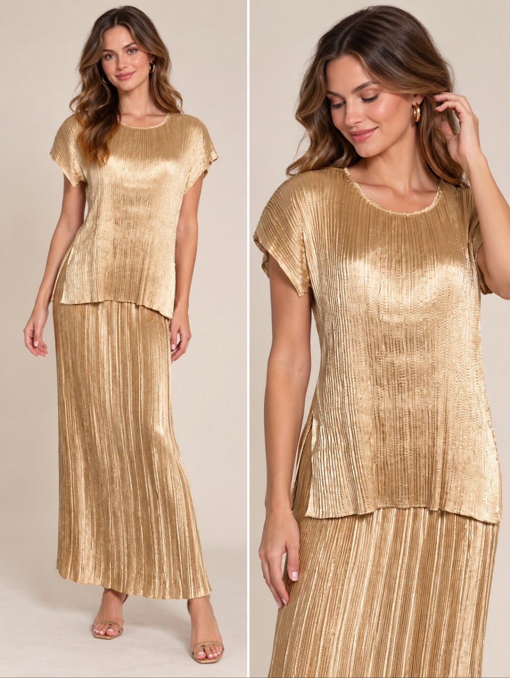 Vintage Jeanne Marc Women's 2 Piece Pleated Gold Blouse Skirt 12/ 14 Metallic